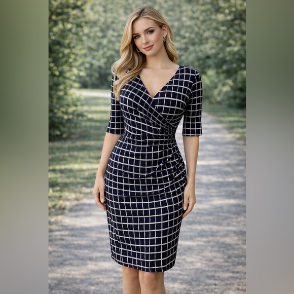 connected apparel Dresses & Skirts - Connected Dress 8 Navy Blue Ivory Check Short Sleeve Stretch Sheath Washable